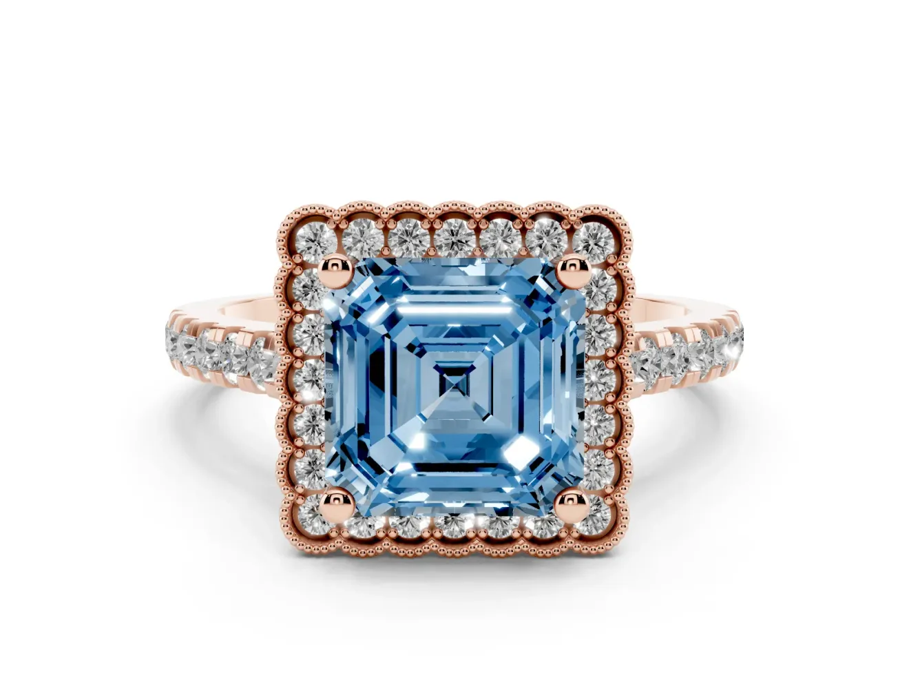 Asscher Cut Milgrain Floral Halo Engagement Ring Setting for a Fancy Blue Lab-Grown Diamond | Pavé Band | Rose Gold