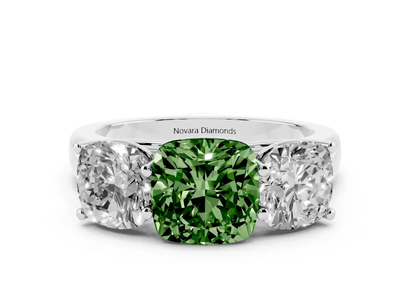 Cushion Cut Three Stone Engagement Ring Setting for a Fancy Green Lab-Grown Diamond | Basket Prong Heads | Platinum