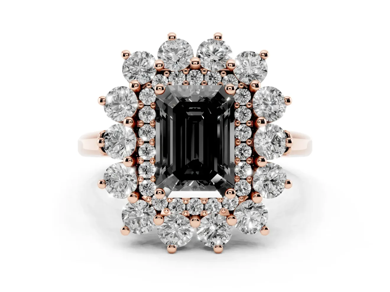 Emerald Cut Floral Double Halo Engagement Ring Setting for a Black Center | Plain Band | Rose Gold