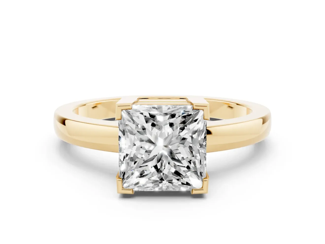 Princess Cut Diamond Solitaire Ring Set in Yellow gold with Prong Head and Smooth Polished Band