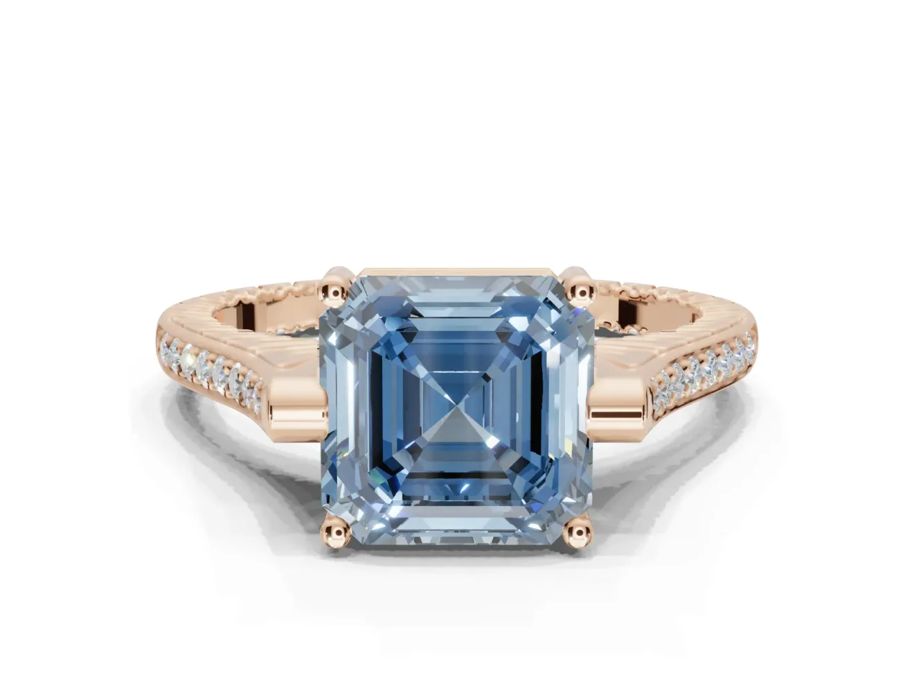 Asscher Cut Vintage Cathedral Engagement Ring Setting for a Fancy Blue Lab-Grown Diamond | Carved Band | Rose Gold