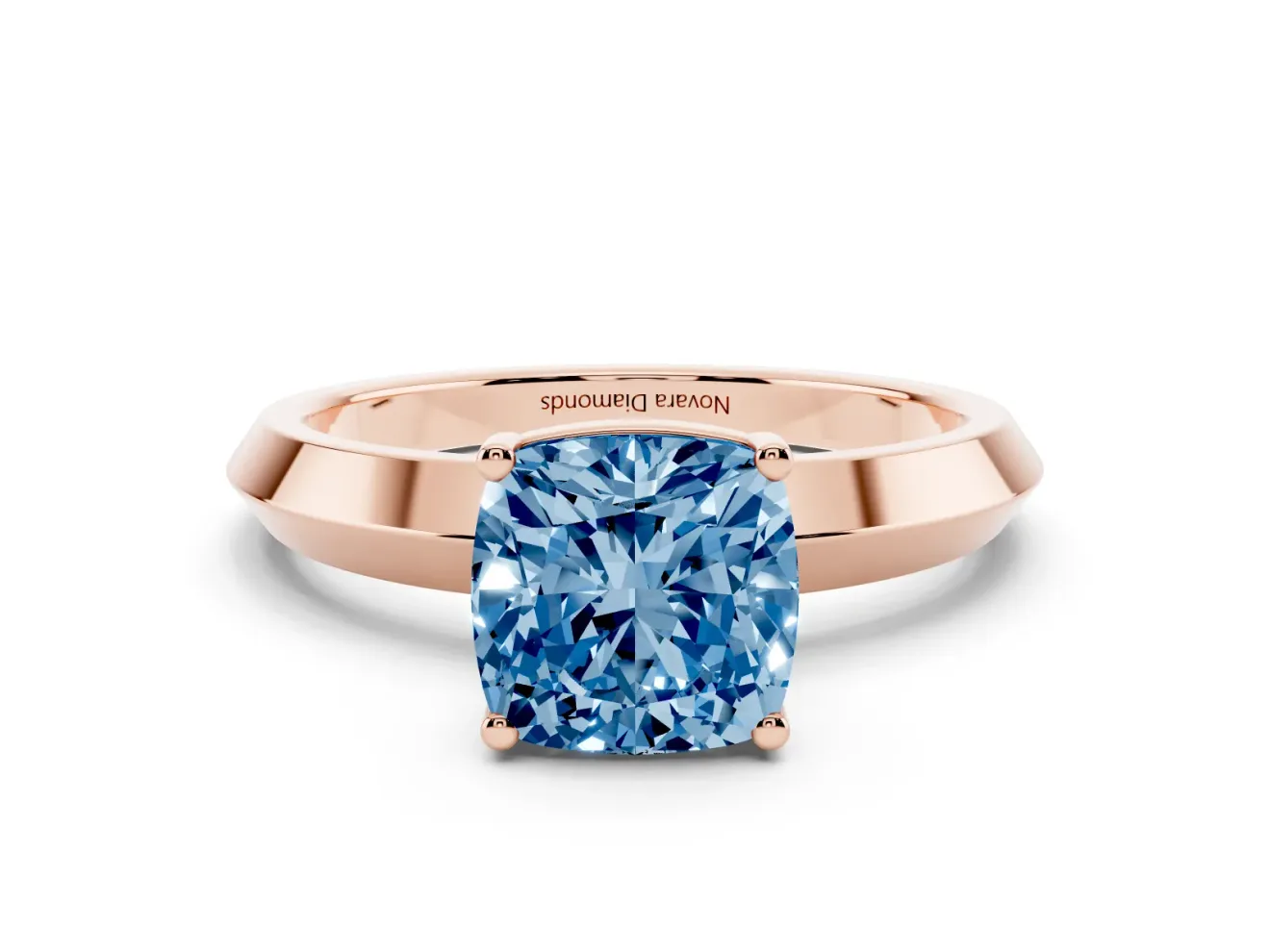 Fancy Blue Cushion Cut Diamond Solitaire Engagement Ring Set in Rose gold with Flat Band and Prong Setting
