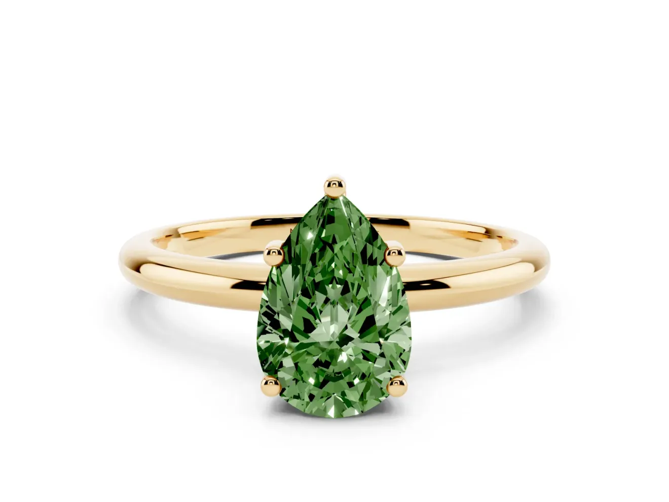 Fancy Green Pear Cut Diamond Solitaire Engagement Ring Set in Yellow gold with Prong Setting and Polished Band