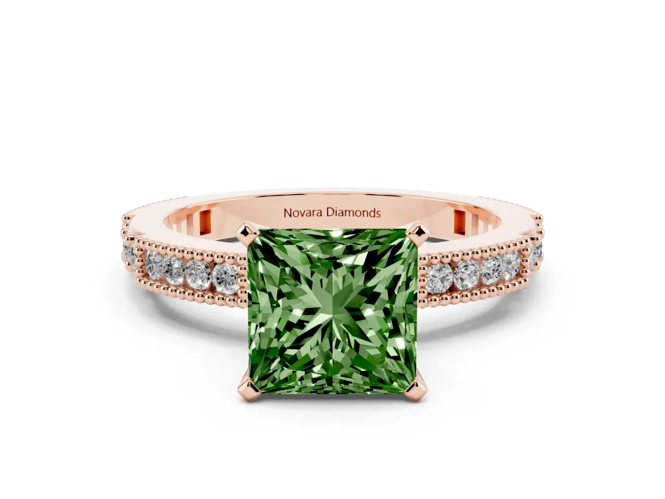 Princess Cut Vintage Pavé Engagement Ring Setting for a Fancy Green Lab-Grown Diamond | Rose Gold