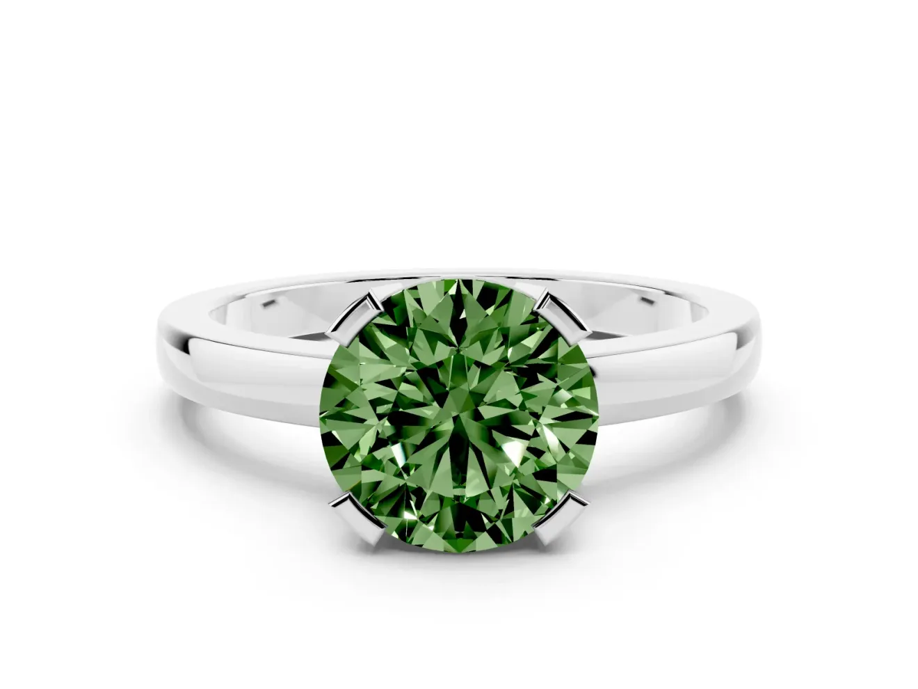 Fancy Green Round Cut Diamond Solitaire Ring Set in White gold with Prong Head and Smooth Polished Band