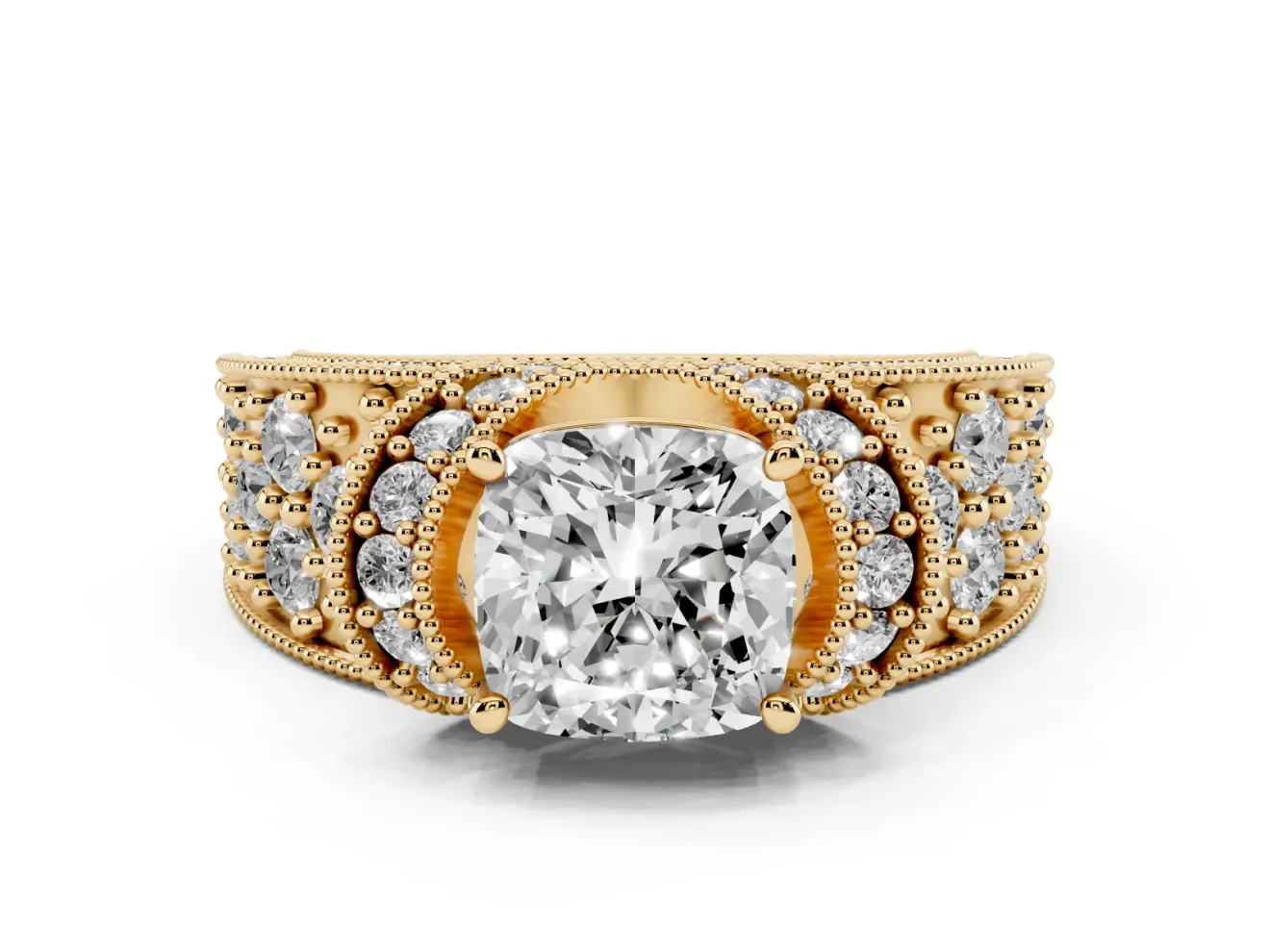 Cushion Cut Vintage Milgrain Pave Engagement Ring Setting | Crescent Side Rows | Yellow Gold