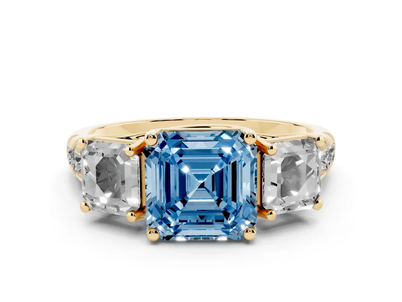 Asscher Cut Three Stone Engagement Ring Setting for a Fancy Blue Lab-Grown Diamond | Accented Shoulders | Yellow Gold