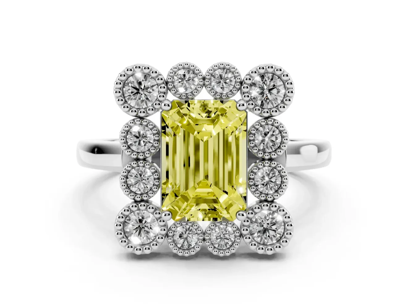 Emerald Cut Milgrain Cluster Halo Engagement Ring Setting for a Fancy Yellow Lab-Grown Diamond | Plain Band | White Gold