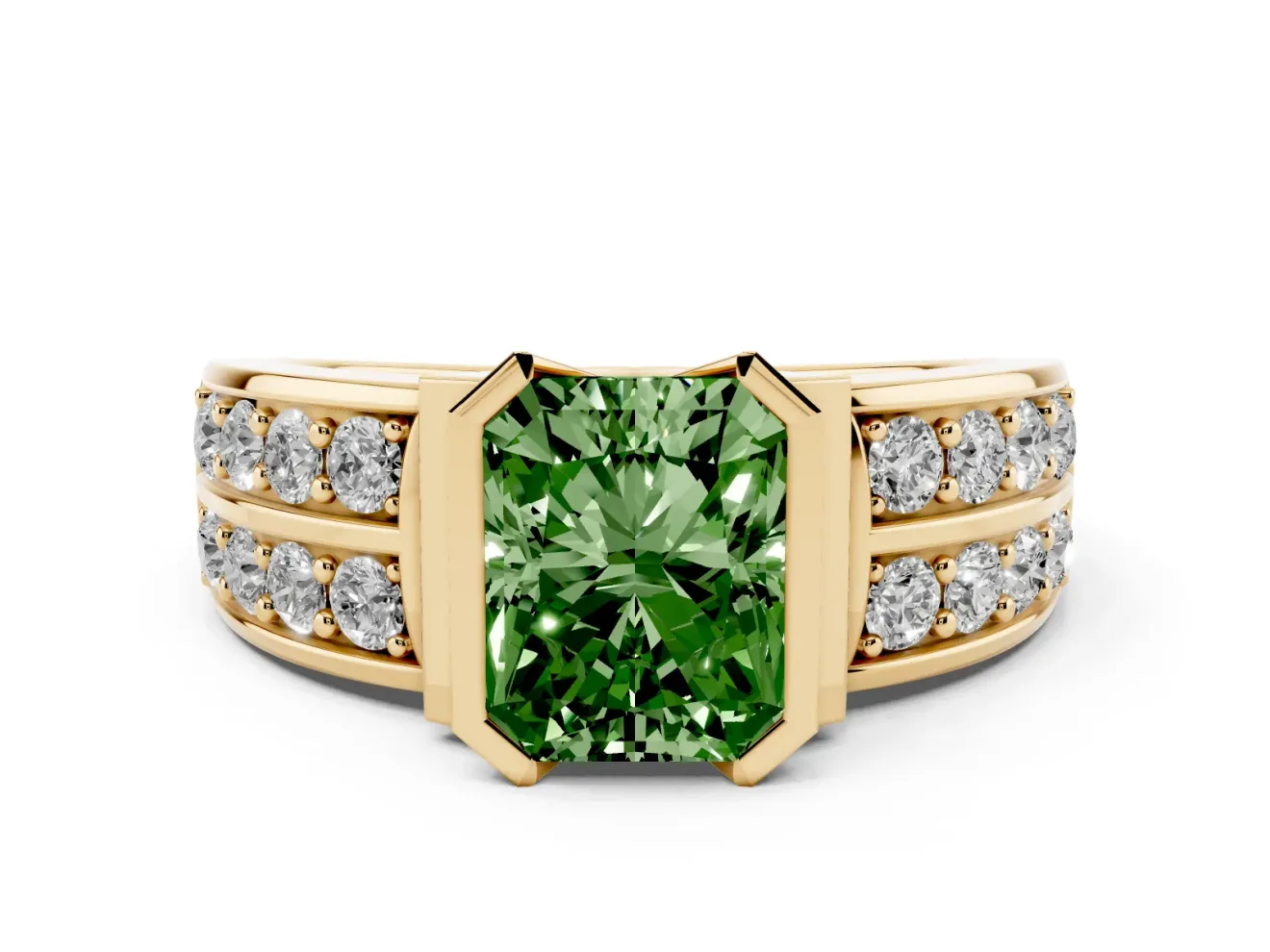 Radiant Cut Half Bezel Engagement Ring Setting for a Fancy Green Lab-Grown Diamond | Channel Band | Yellow Gold
