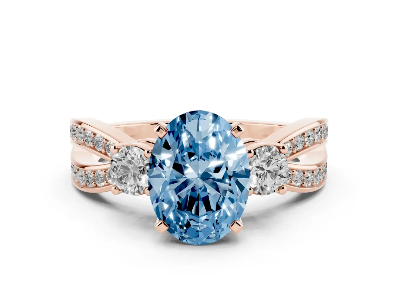 Fancy Blue Three-Stone Oval Cut Diamond Twist Band Ring Set in Rose gold with Pavé Accents and Prong Setting