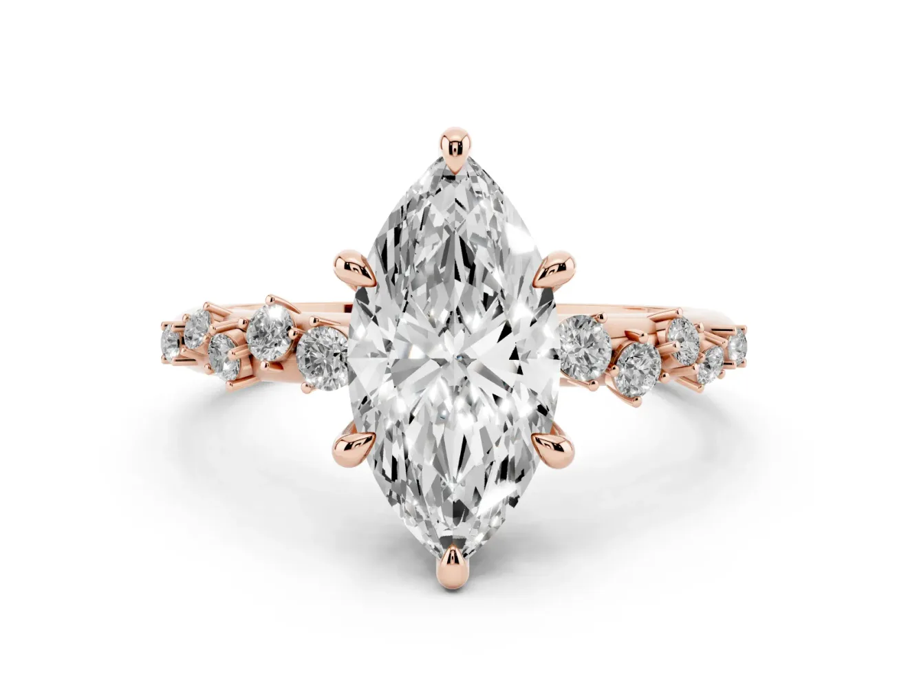 Marquise Cut Diamond Solitaire Vine Band Ring Set in Rose gold with Round Accents and Prong Setting