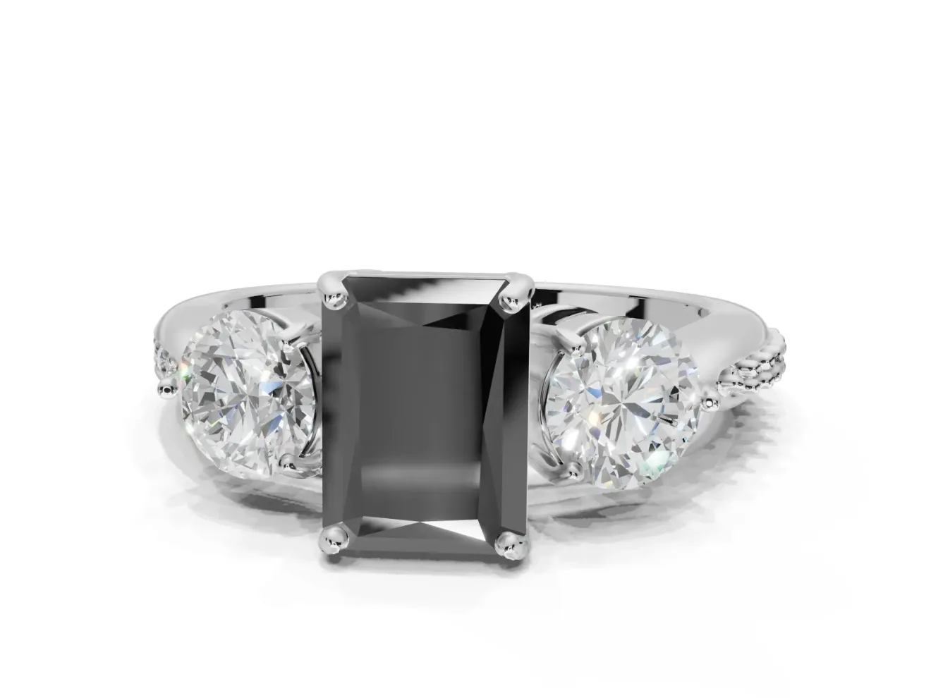 Radiant Cut Three Stone Engagement Ring Setting for a Black Center | Tapered Pavé Band | Sterling Silver