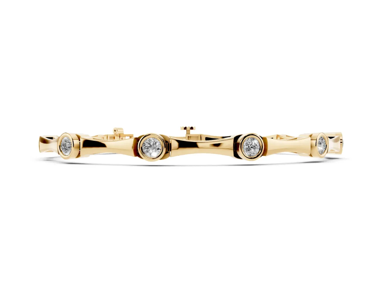 Round Lab-Grown Diamond Bezel Station Bamboo Link Bracelet | Hinged Links | Yellow Gold