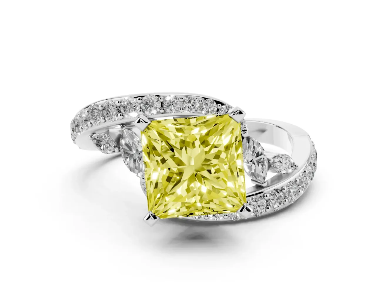 Princess Cut Bypass Engagement Ring Setting for a Fancy Yellow Lab-Grown Diamond | Marquise Accents | Sterling Silver