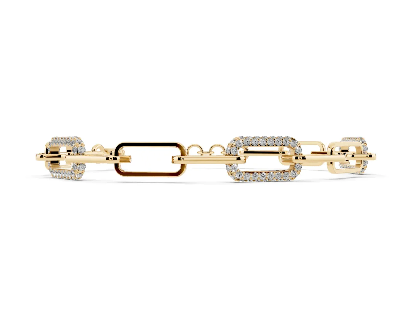 Round Lab-Grown Diamond Pavé Paperclip Link Bracelet | Alternating Polished Links | Yellow Gold