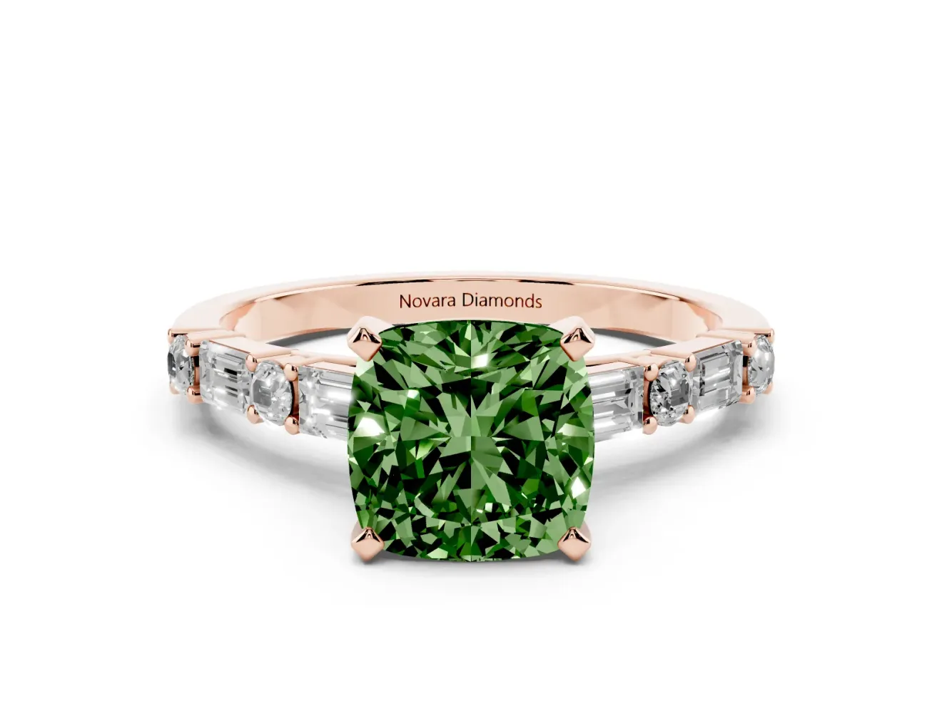 Fancy Green Cushion Cut Diamond Solitaire Set in Rose gold with Side Baguettes and Channel Set Band