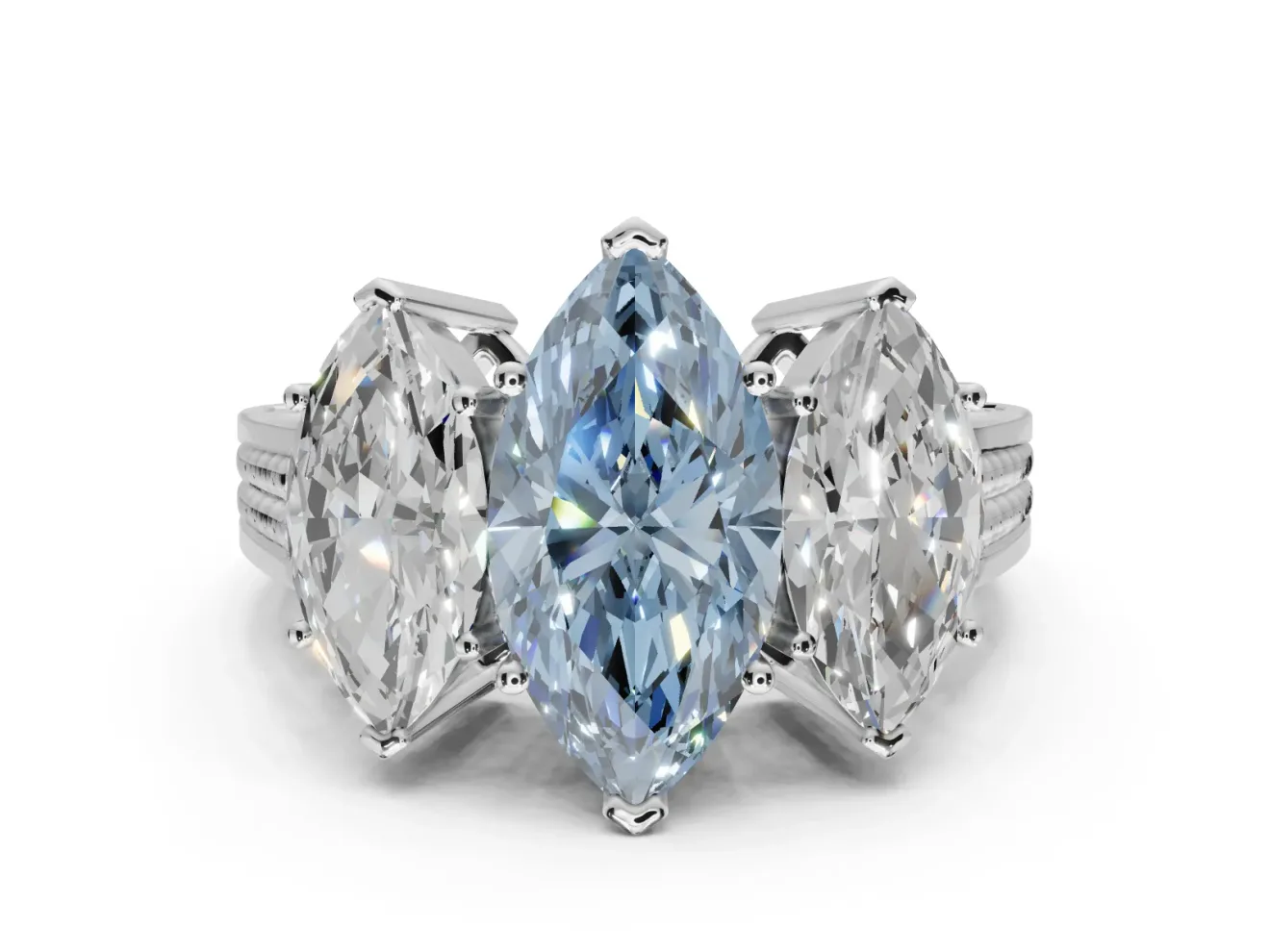 Marquise Three Stone Engagement Ring Setting for a Fancy Blue Lab-Grown Diamond | Beaded Shoulders | Platinum