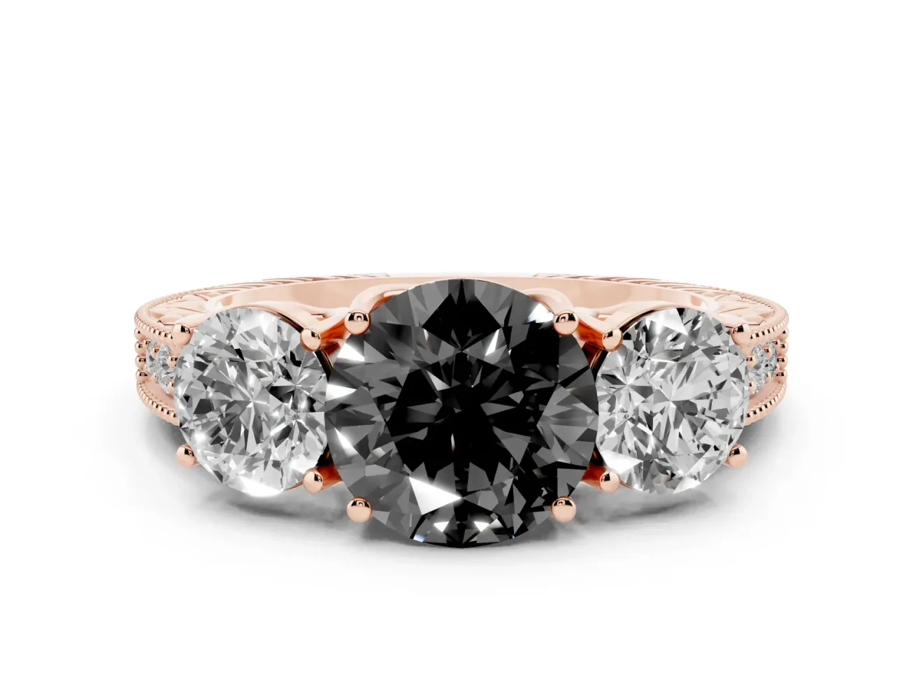Round Vintage Three Stone Engagement Ring Setting for a Black Center | Rose Gold