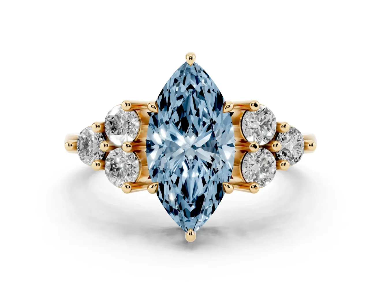 Marquise Cluster Side Stone Engagement Ring Setting for a Fancy Blue Lab-Grown Diamond | Yellow Gold