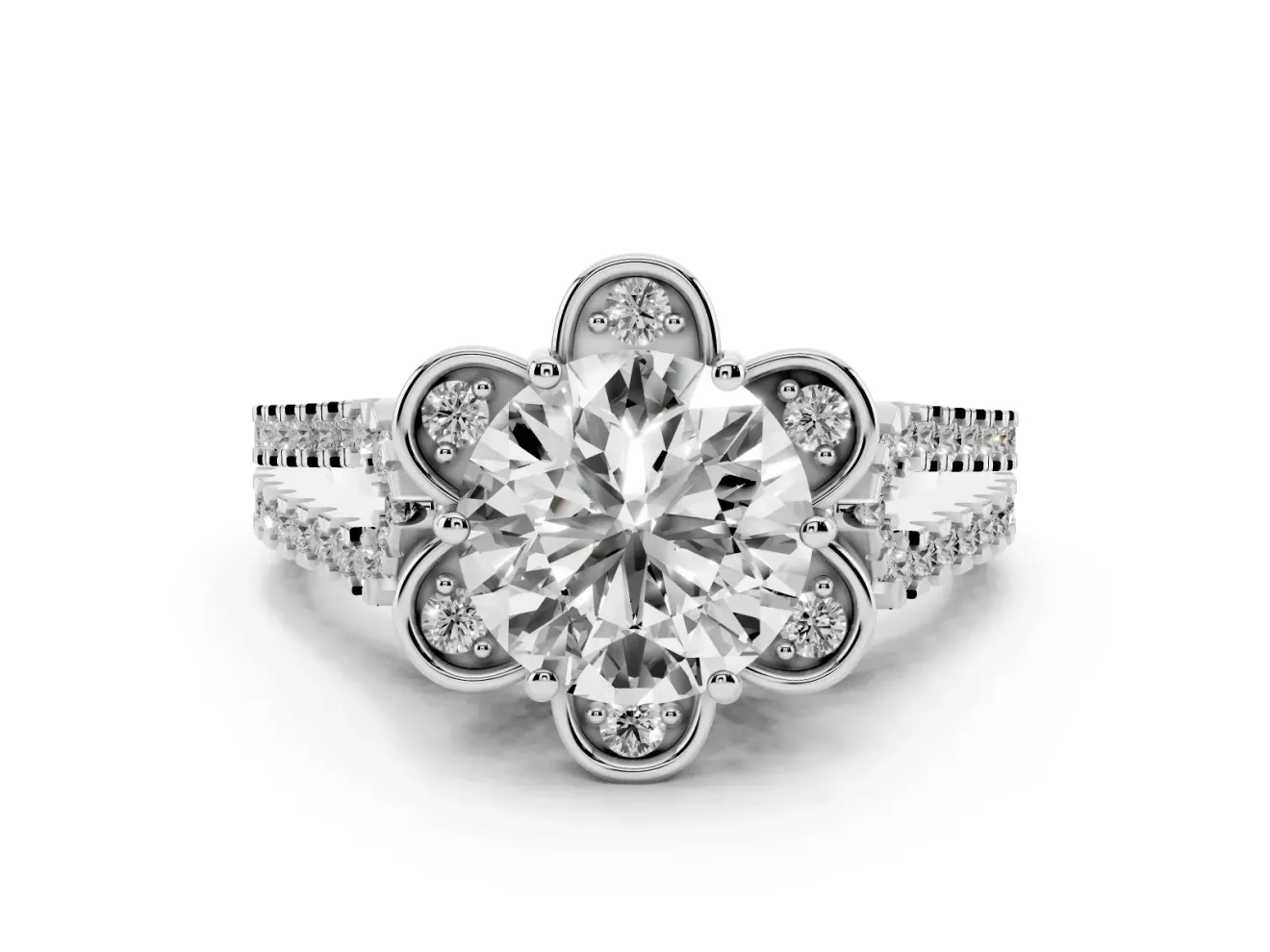 Round Petal Frame Floral Halo Engagement Ring Setting | Pavé Split Shank | Sterling Silver