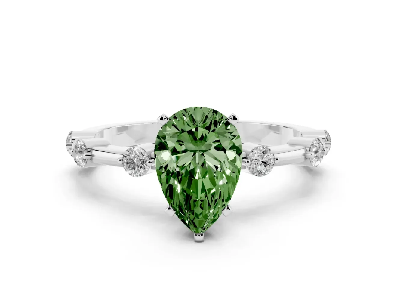 Fancy Green Pear Cut Diamond Solitaire Ring Set in Platinum with Bezel Set Side Stones and Prong Setting