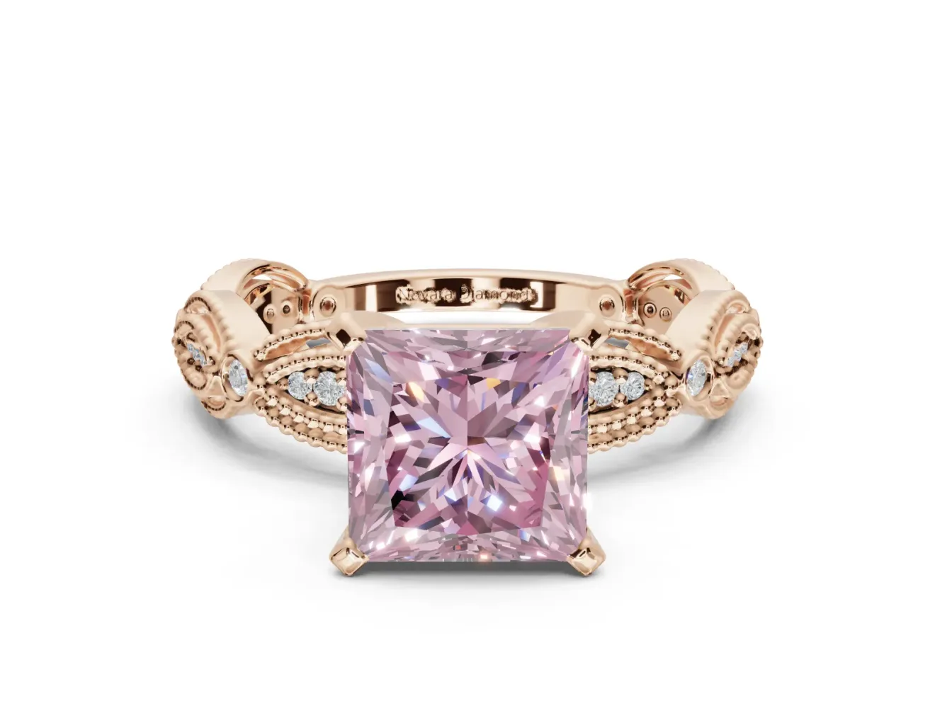 Princess Cut Vintage Engagement Ring Setting for a Fancy Pink Lab-Grown Diamond | Graduated Stations | Rose Gold