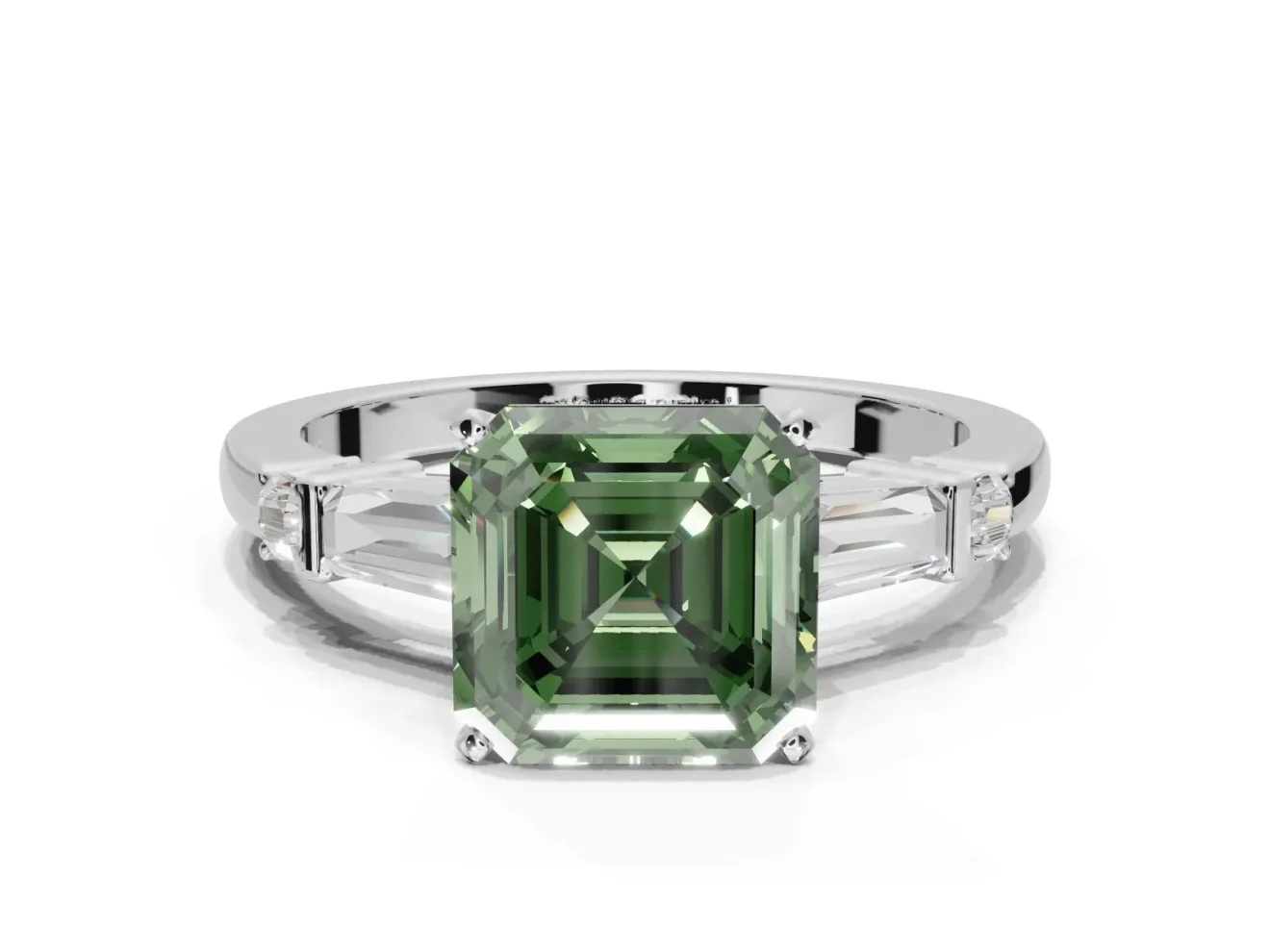 Asscher Cut Tapered Baguette Engagement Ring Setting for a Fancy Green Lab-Grown Diamond | Sterling Silver