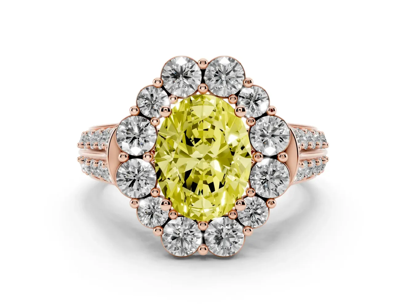 Fancy Yellow Oval Cut Diamond Halo Engagement Ring Set in Rose gold with Split Shank and Prong Setting
