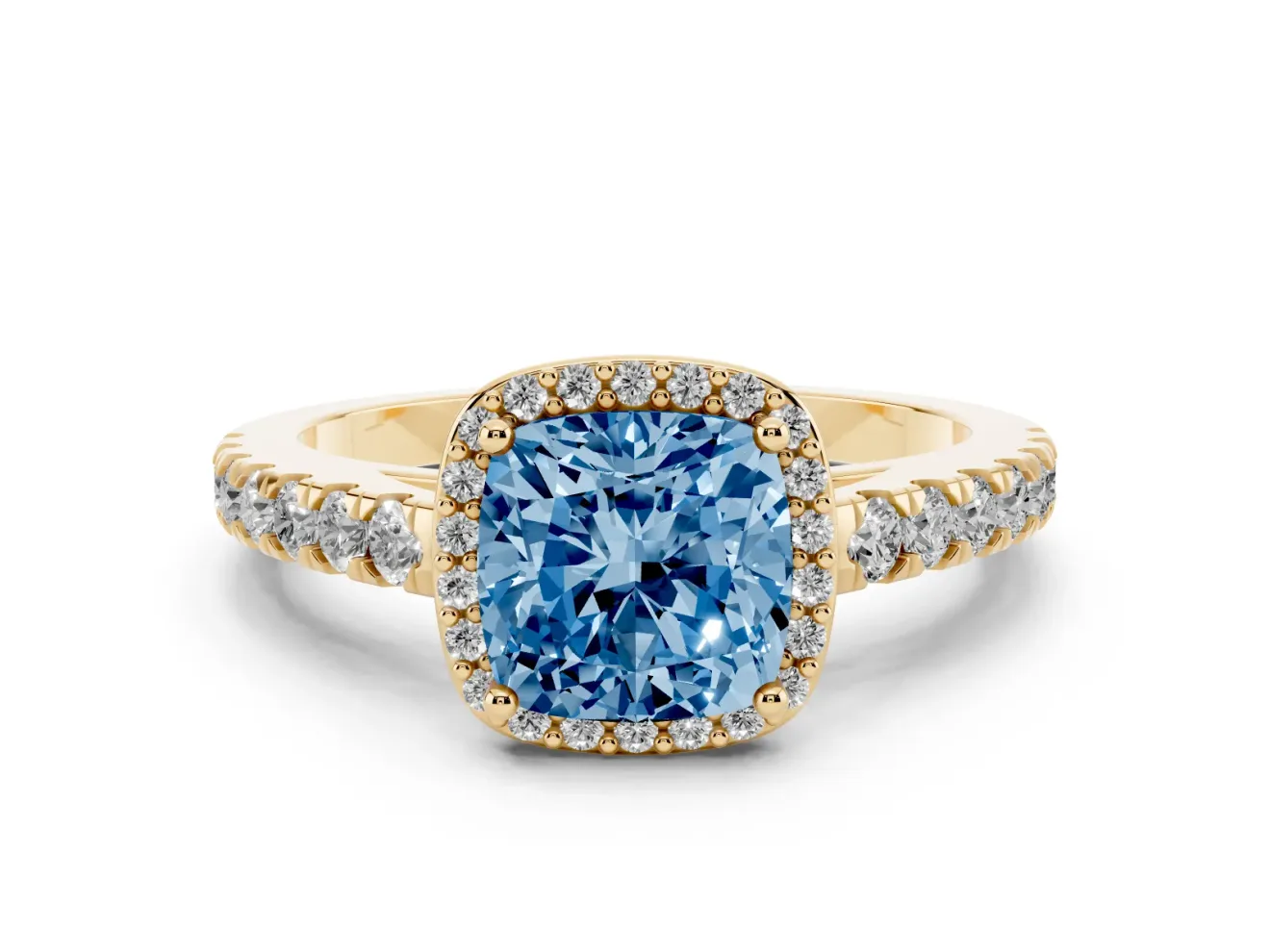 Fancy Blue Cushion Cut Diamond Halo Engagement Ring Set in Yellow gold with Pavé Band and Prong Setting