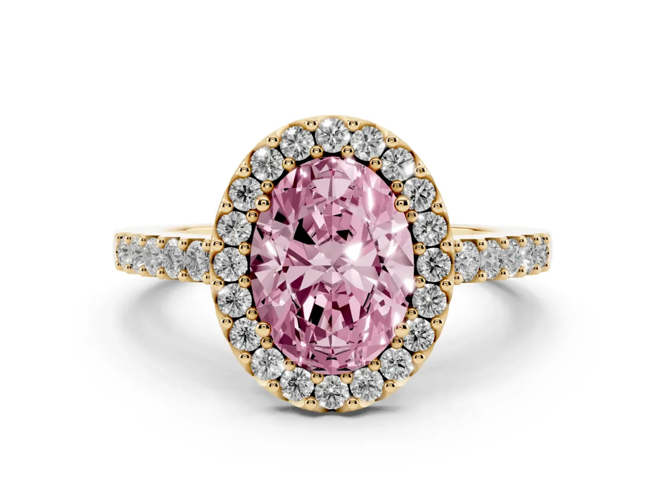 Fancy Pink Oval Cut Diamond Halo Pavé Solitaire Ring Set in Yellow gold with Prong-Set Center Stone