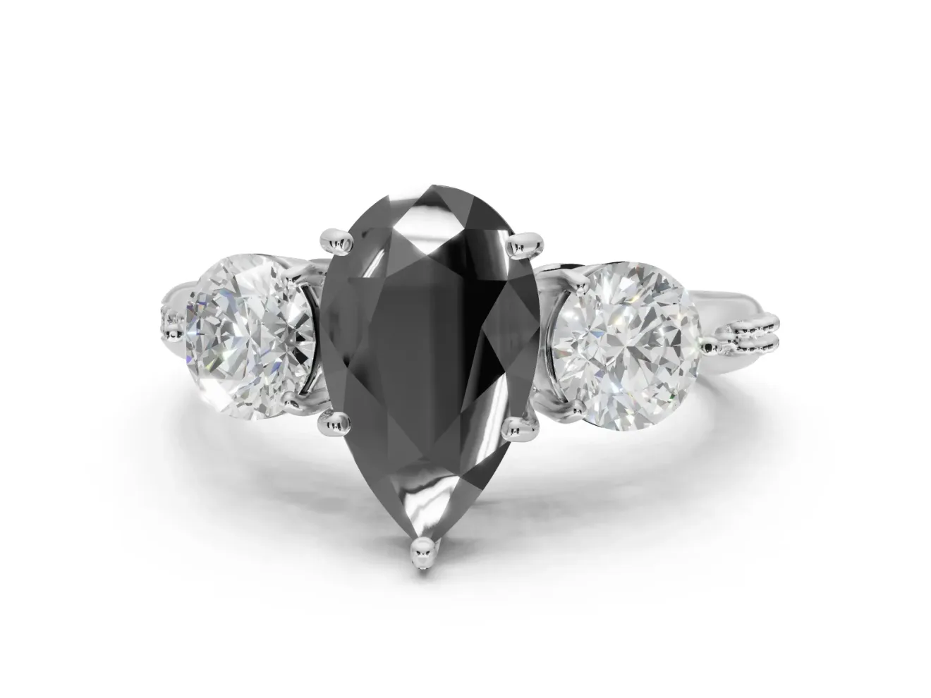 Fancy Black Pear-Shaped Lab-Grown Diamond Three-Stone Ring Set in Platinum with Channel-Set Band and Prong Setting