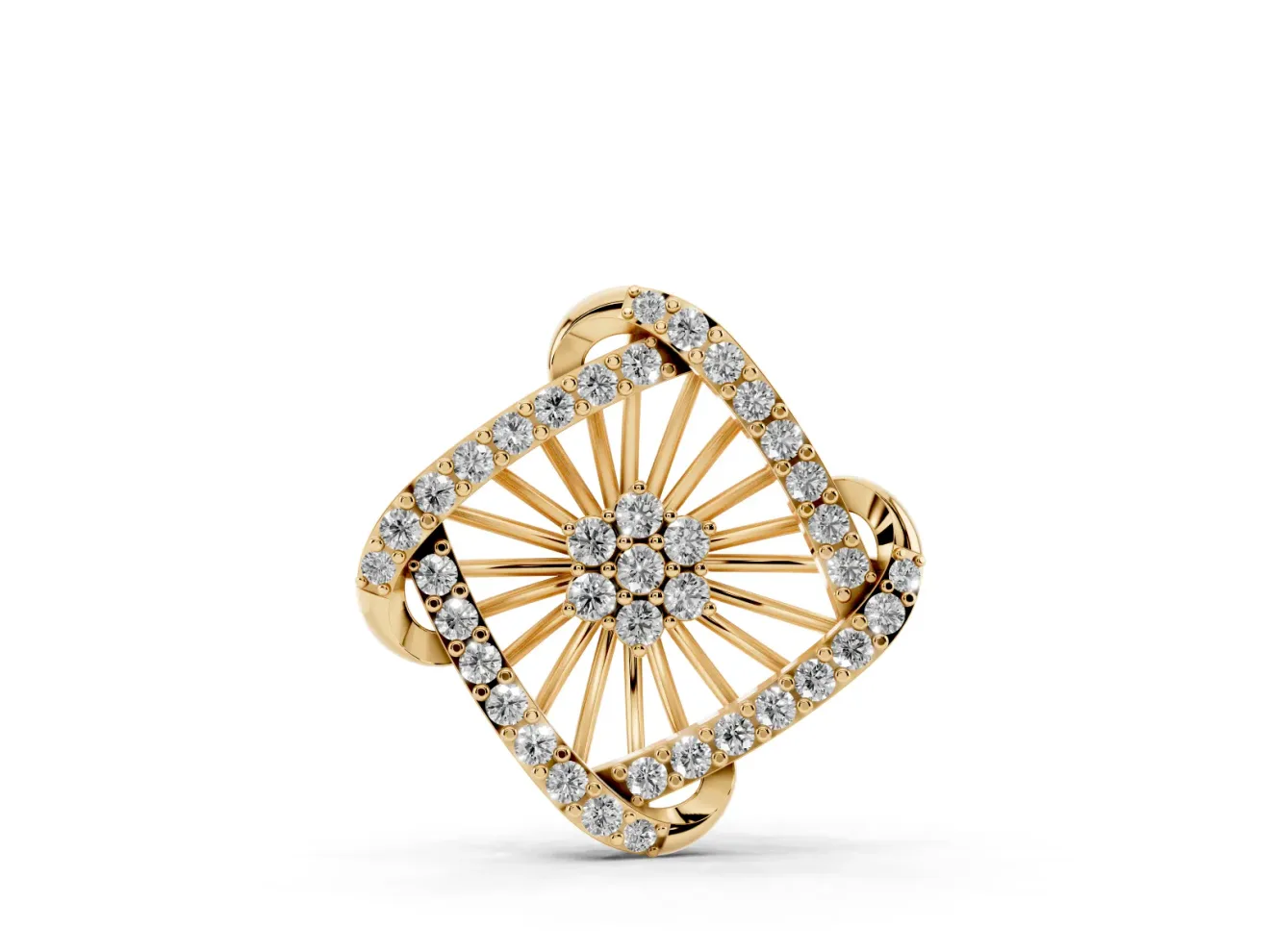 Round Lab-Grown Diamond Cluster Sunburst Pendant Necklace | Pavé Swirl Frame | Yellow Gold