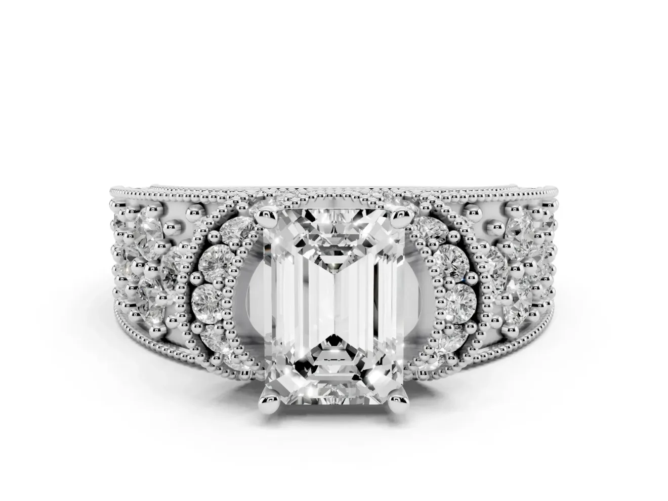 Emerald Cut Vintage Milgrain Pave Engagement Ring Setting | Crescent Side Rows | Platinum