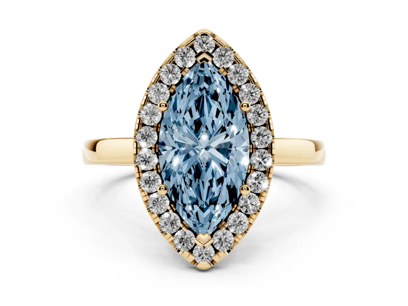 Fancy Blue Marquise Cut Diamond Halo Solitaire Ring Set in Yellow gold with Pavé Band and Prong Setting