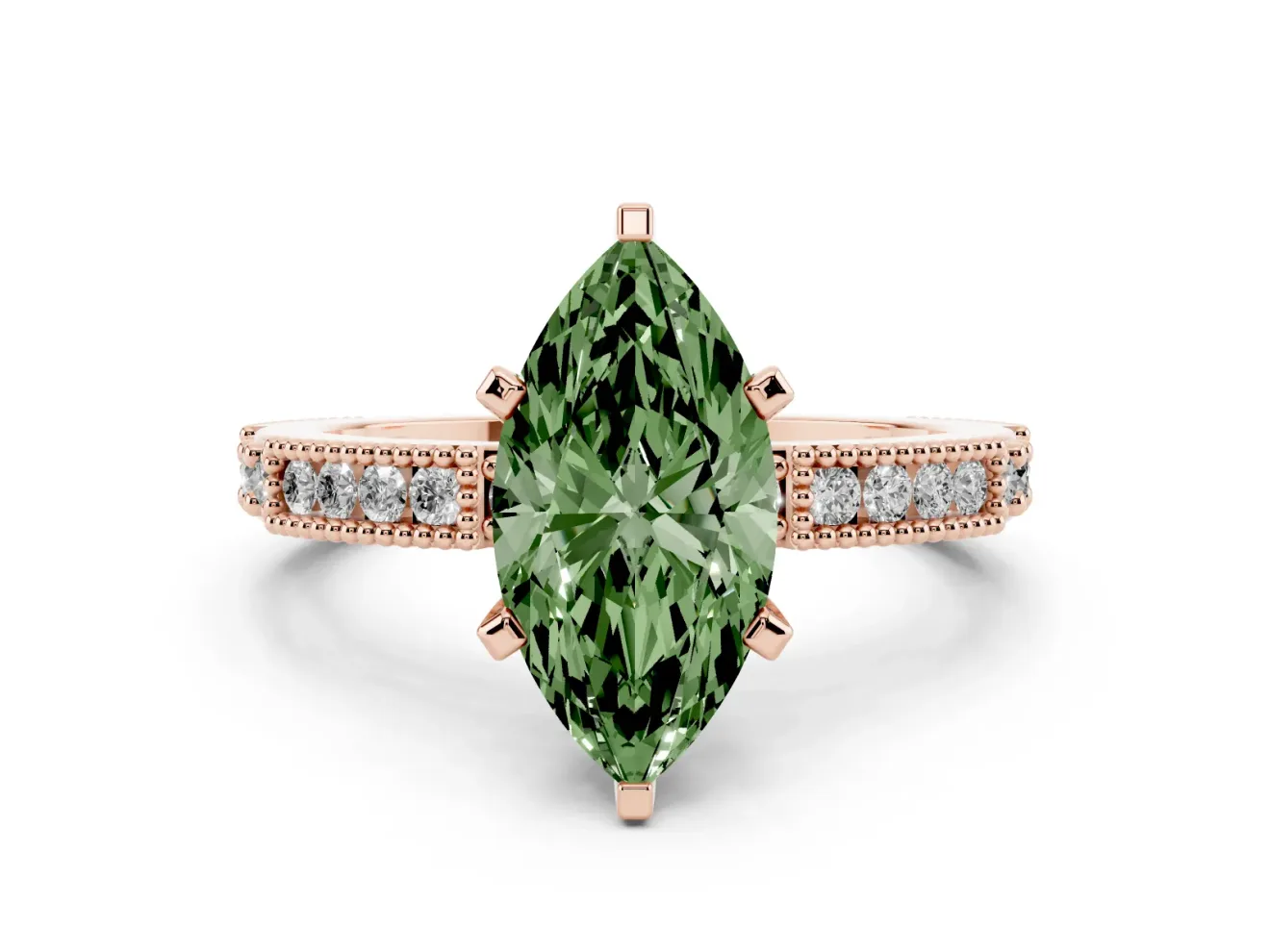 Fancy Green Marquise Cut Diamond Solitaire Ring Set in Rose gold with Slim Pavé Band and Prong Setting
