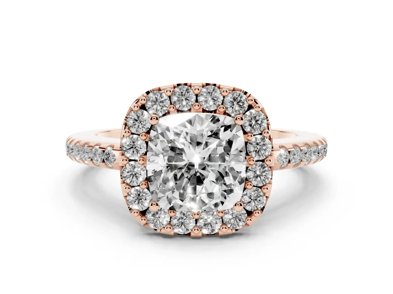Cushion Cut Pave Halo Engagement Ring Setting | Pave Band | Rose Gold