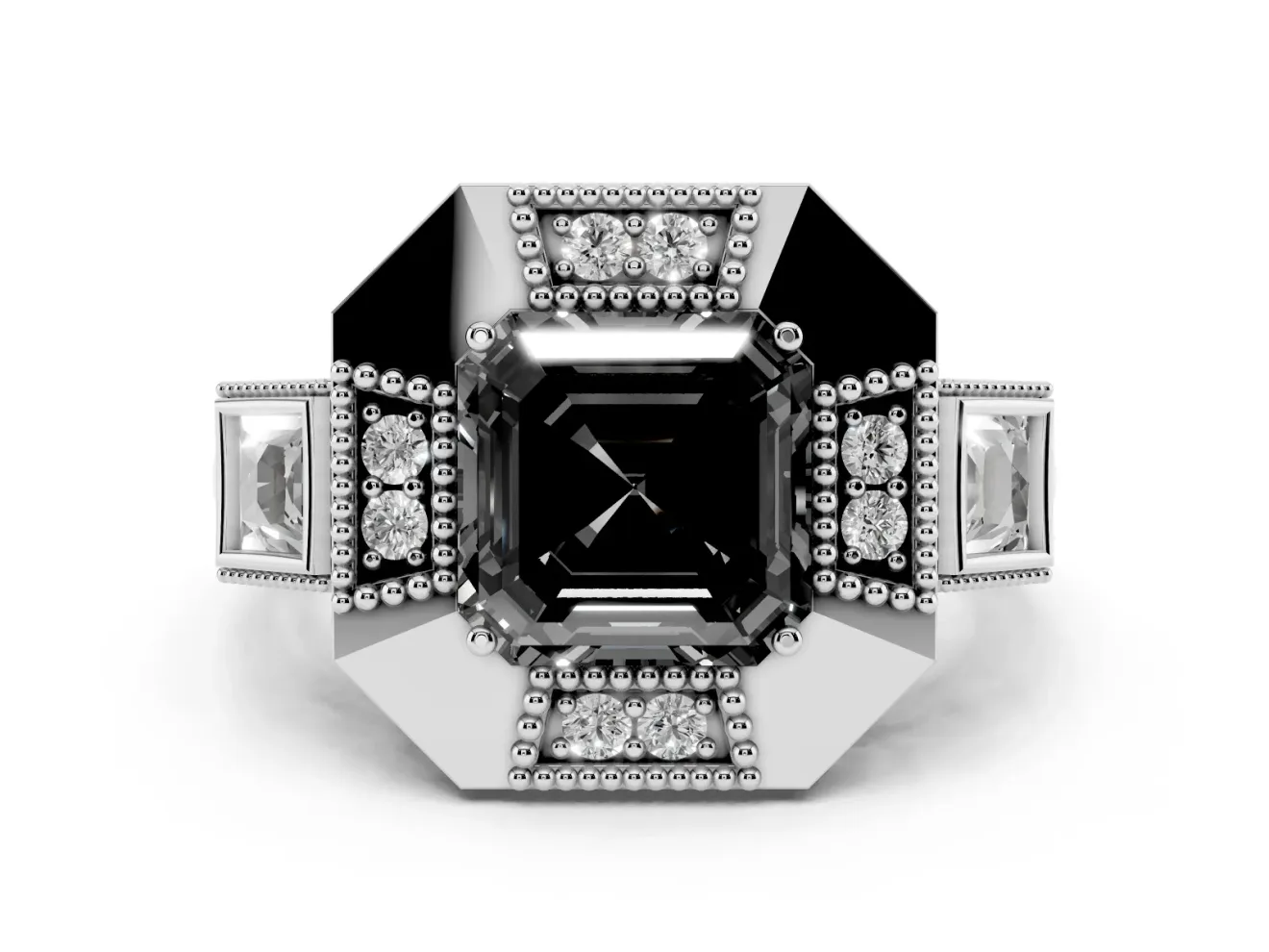 Fancy Black Asscher Cut Diamond Milgrain Halo Ring Set in Silver with Split Shank
