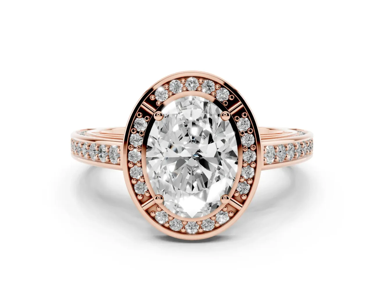Oval Cut Diamond Halo Pavé Split Shank Ring Set in Rose gold with Prong Setting