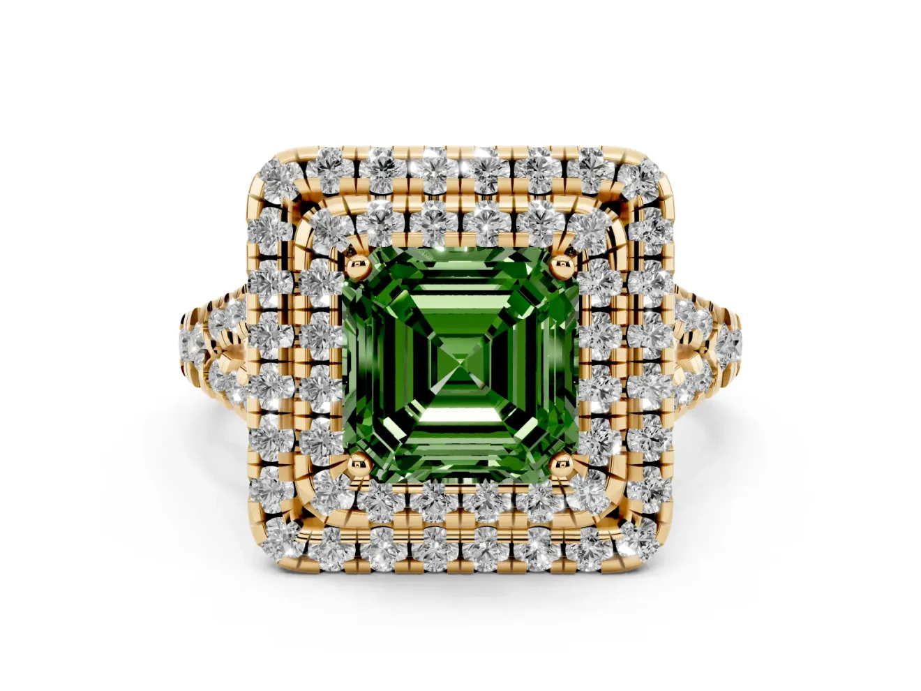 Asscher Cut Halo Split Shank Engagement Ring Setting for a Fancy Green Lab-Grown Diamond | Yellow Gold