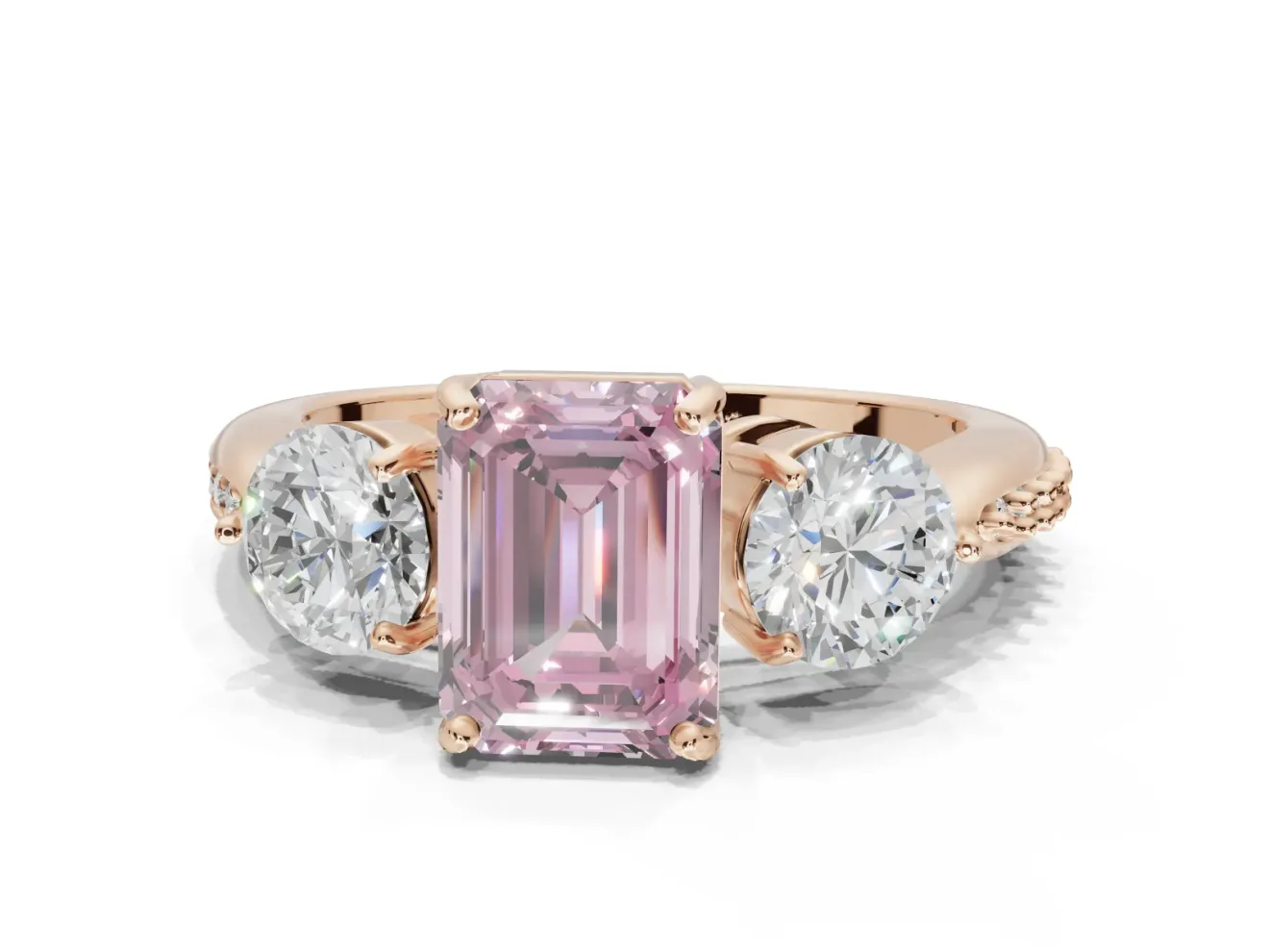 Emerald Cut Three Stone Engagement Ring Setting for a Fancy Pink Lab-Grown Diamond | Tapered Pave Band | Rose Gold