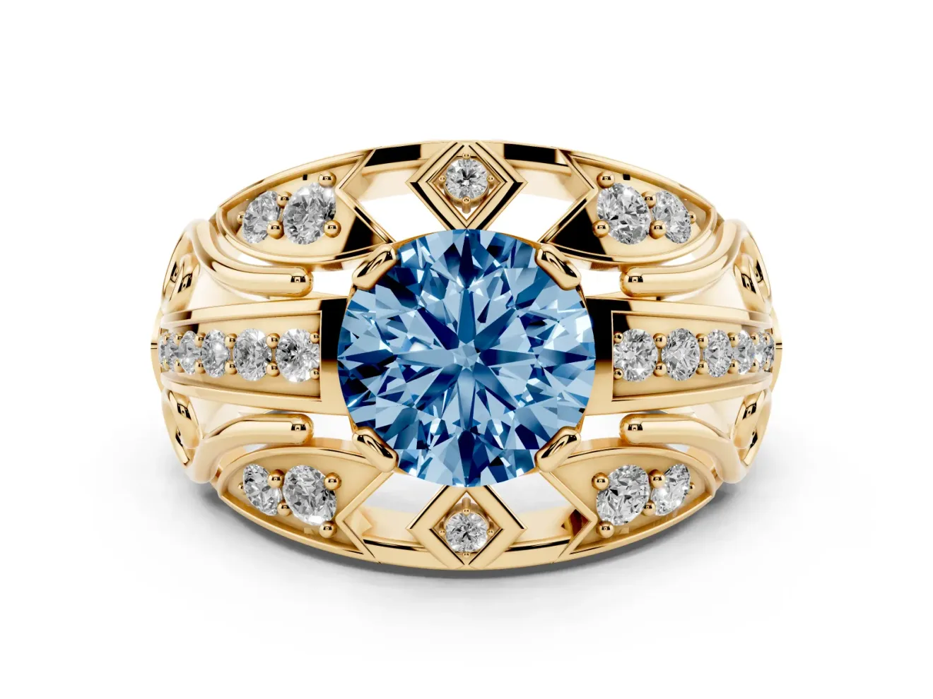Round Art Deco Graduated Engagement Ring Setting for a Fancy Blue Lab-Grown Diamond | Yellow Gold