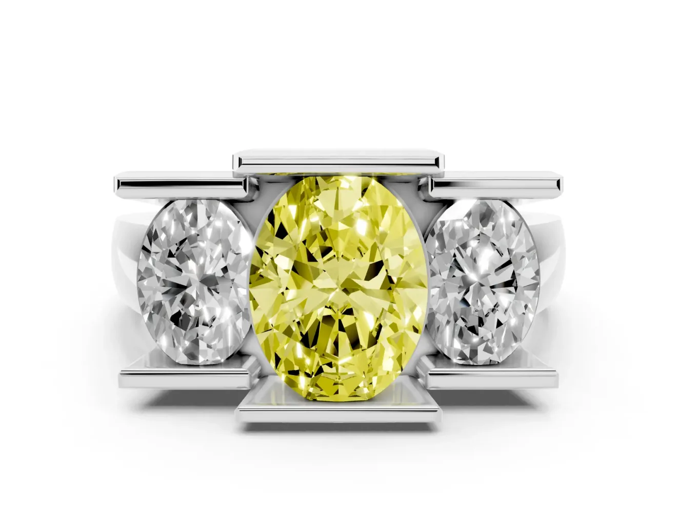 Fancy Yellow Oval Cut Diamond Three-Stone Channel Set Ring Set in Silver with Smooth Polished Band