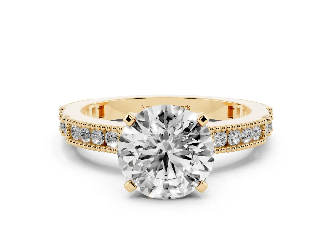 Round Vintage Pavé Solitaire Engagement Ring Setting | Milgrain Edges | Yellow Gold