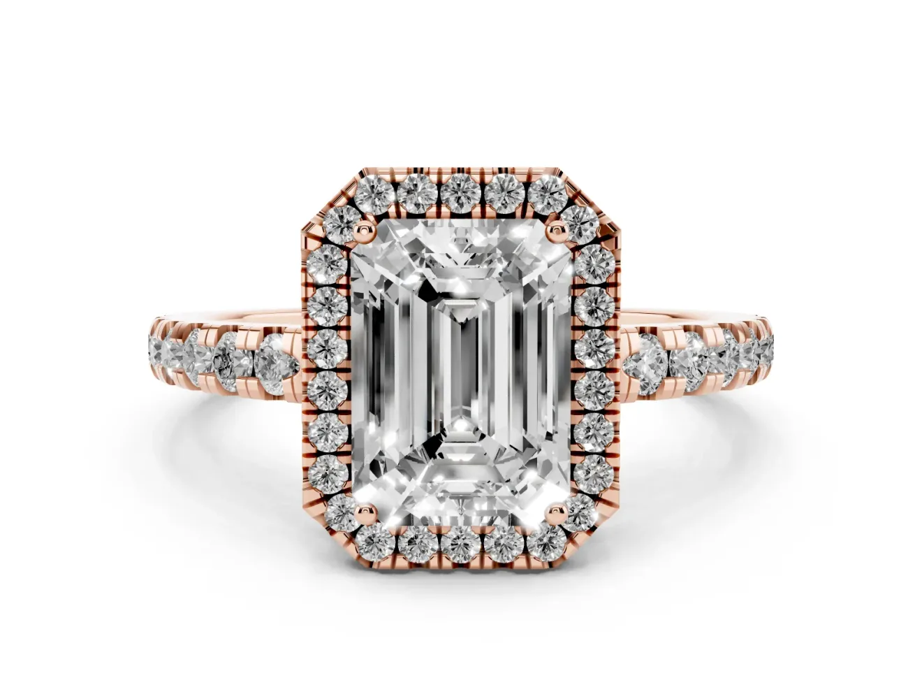 Emerald Cut Diamond Halo Ring Set in Rose gold with Delicate Pavé Band and Prong Setting