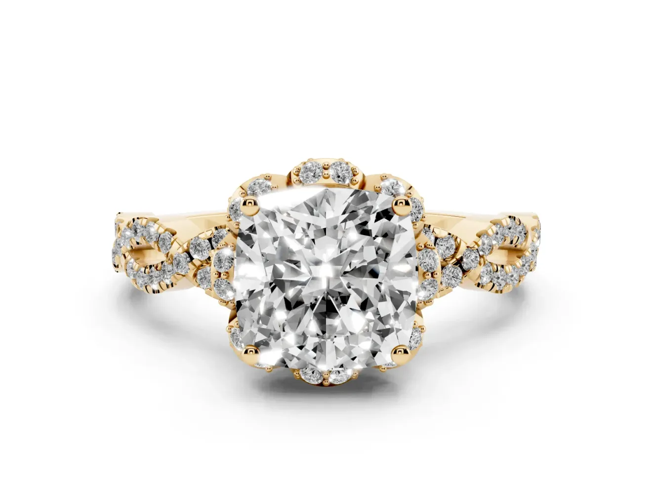 Cushion Cut Milgrain Halo Engagement Ring Setting | Graduated Shoulders | Yellow Gold