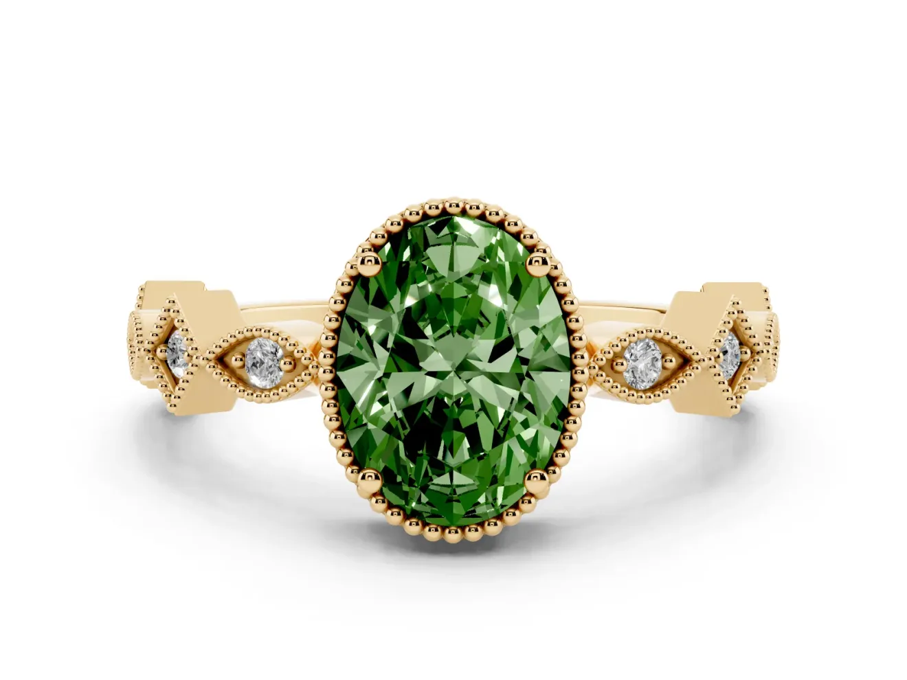 Fancy Green Oval Cut Diamond Milgrain Marquise Twist Band Ring Set in Yellow gold with Prong Setting