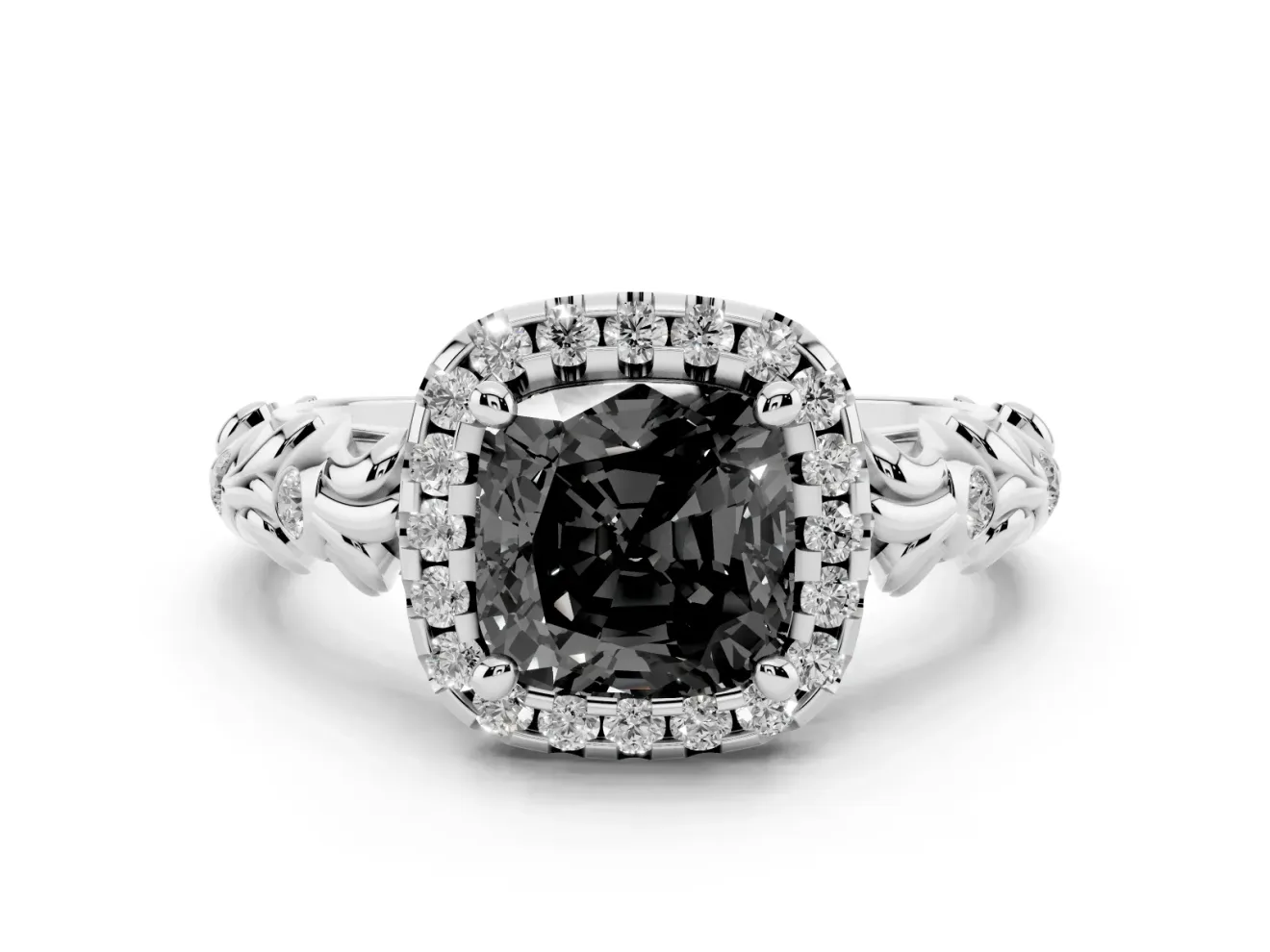 Cushion Cut Leaf Halo Engagement Ring Setting for a Black Center | Bezel Accents | White Gold
