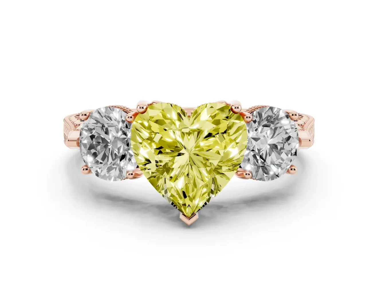 Fancy Yellow Heart Cut Diamond Three-Stone Ring Set in Rose gold with Milgrain Band