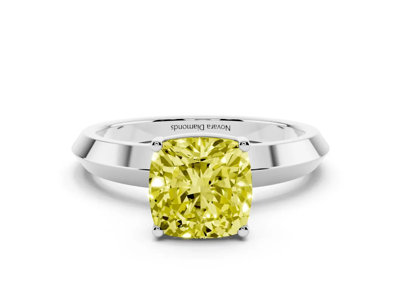 Fancy Yellow Cushion Cut Diamond Solitaire Engagement Ring Set in Silver with Flat Band and Prong Setting