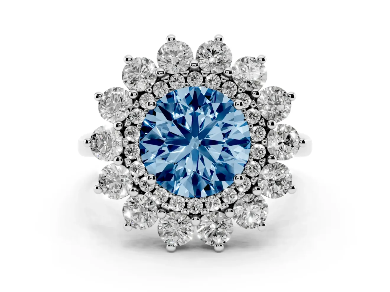 Round Floral Double Halo Engagement Ring Setting for a Fancy Blue Lab-Grown Diamond | Plain Band | Sterling Silver